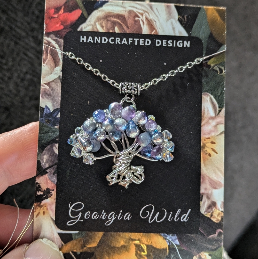 Silver and Blue Sculpted Wire Tree Necklace